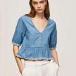 Blue V-Neck Denim Blouse Pepe Jeans L20F2F369 Women
