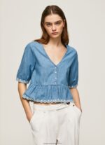 Blue V-Neck Denim Blouse Pepe Jeans L20F2F369 Women