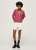 Dark Blush Crepe Top With Frills On Sleeves Pepe Jeans L20F2F375 Women