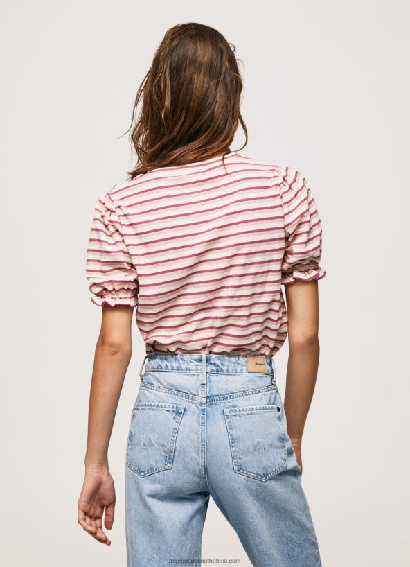 Dark Blush Ruffled-Sleeves Striped T-Shirt Pepe Jeans L20F2F392 Women - Image 4
