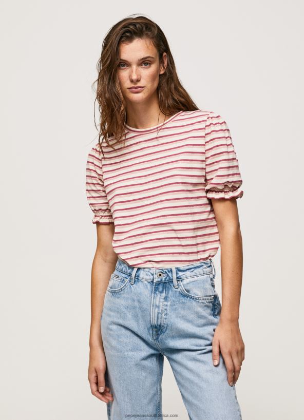 dark_blush_ruffled_sleeves_striped_t_shirt_pepe_jeans_l20f2f392_women.jpg Dark Blush Ruffled-Sleeves Striped T-Shirt Pepe Jeans L20F2F392 Women - Image 1