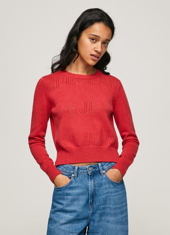 studio_red_cotton_jersey_with_openwork_details_pepe_jeans_l20f2f259_women.jpg Studio Red Cotton Jersey With Openwork Details Pepe Jeans L20F2F259 Women - Image 1