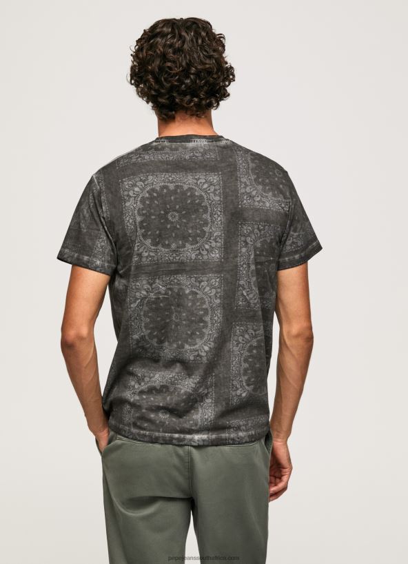 Washed Black Bandana Print Cotton T-Shirt Pepe Jeans L20F2F937 Men - Image 4