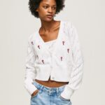 White Embroidered Flower Cotton Cardigan Pepe Jeans L20F2F231 Women