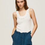 White Frilled Neckline T-Shirt Pepe Jeans L20F2F390 Women
