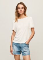 White Marbled Boat Collar T-Shirt Pepe Jeans L20F2F452 Women