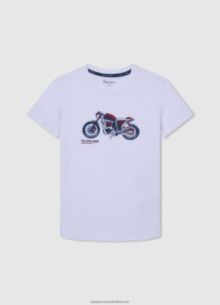 White Motorcycle Print T-Shirt Pepe Jeans L20F2F1644 Boy