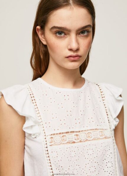 White Shirt With Openwork Details Pepe Jeans L20F2F437 Women