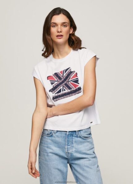 White Union Jack Printed T-Shirt Pepe Jeans L20F2F415 Women